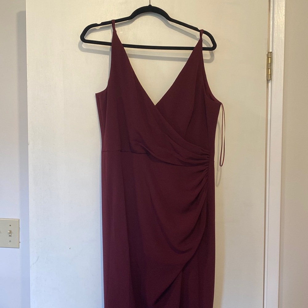 Dress the population burgundy floor length dress with slit!